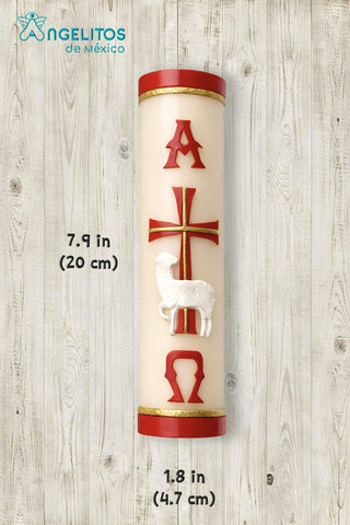 Angelitos de Mexico Paschal Red Candle Lamb of God motif for reverent rites.