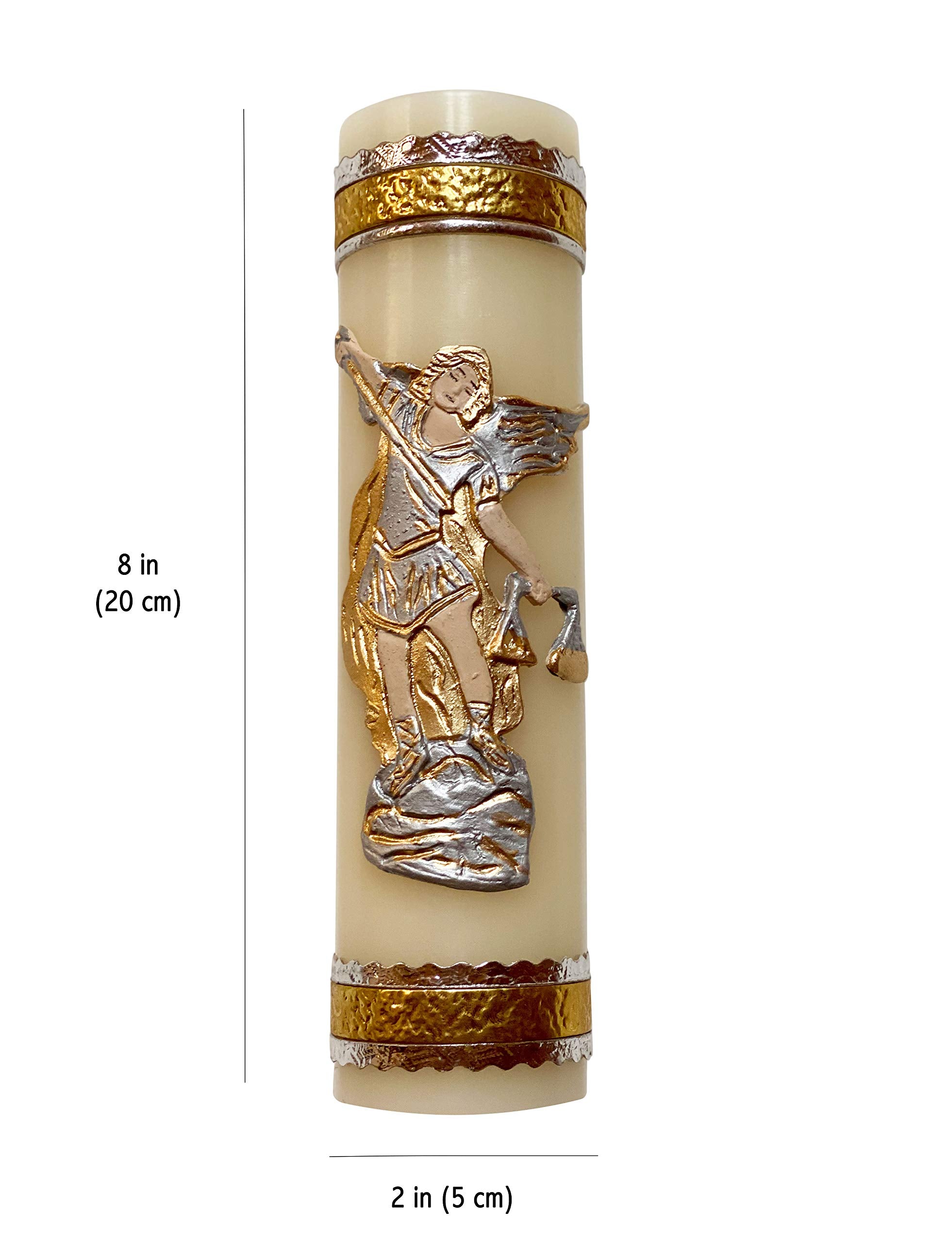 Angelitos de Mexico Archangel Michael candle on an altar for devotion and calm reflection.