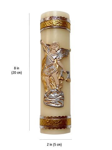 Angelitos de Mexico Archangel Michael candle on an altar for devotion and calm reflection.