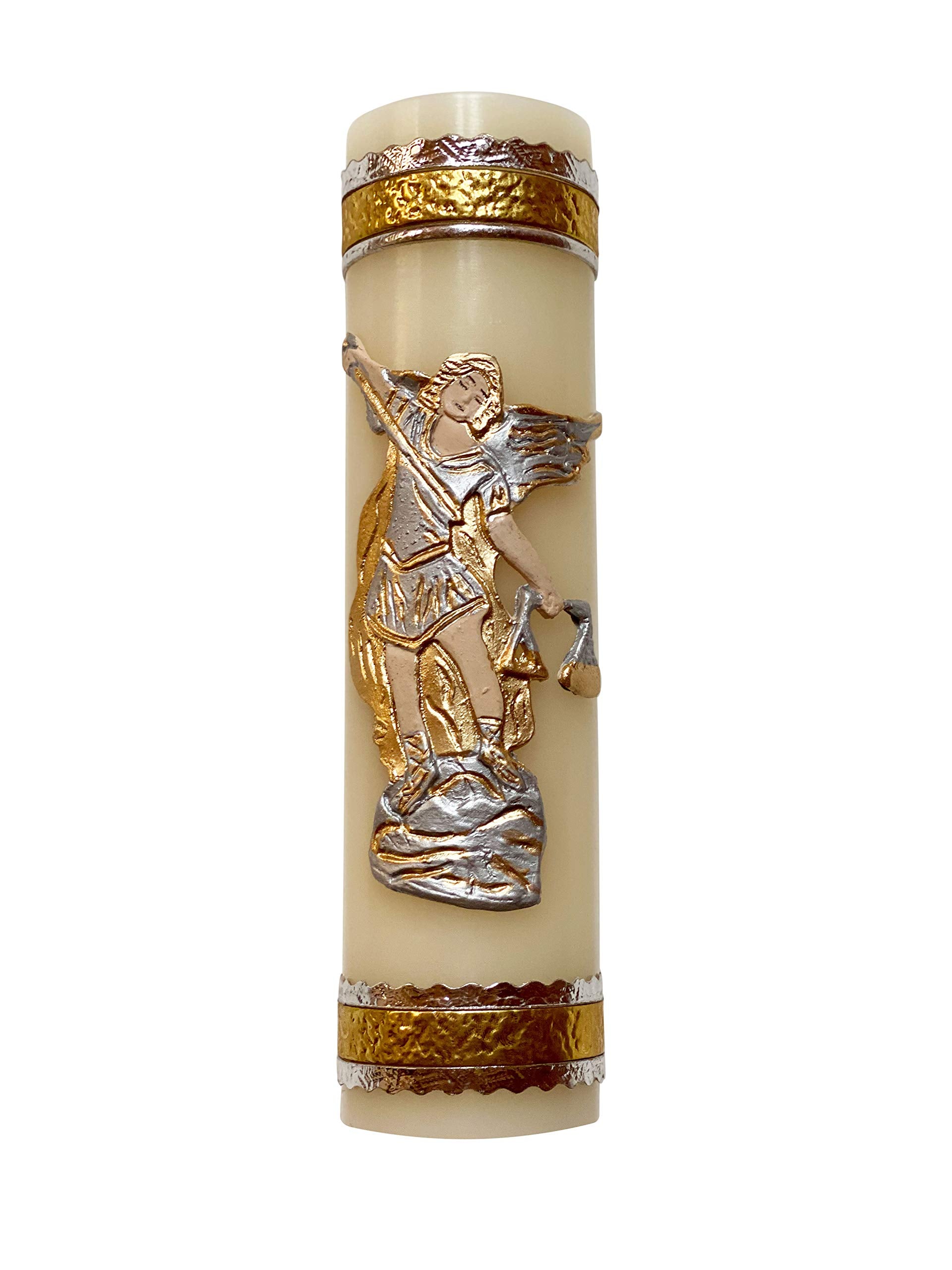 Angelitos de Mexico Archangel Michael candle close-up for focused prayer and sacred ambiance.