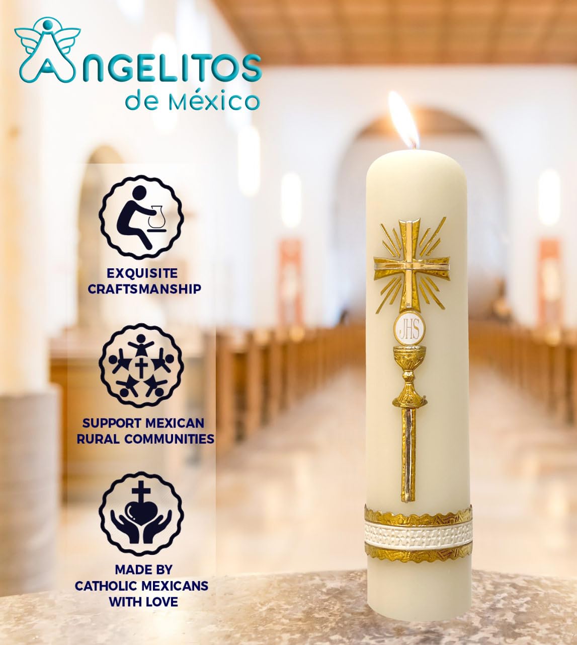 Angelitos de Mexico Jesus chalice motif candle, enhances prayers with a warm devotional glow.
