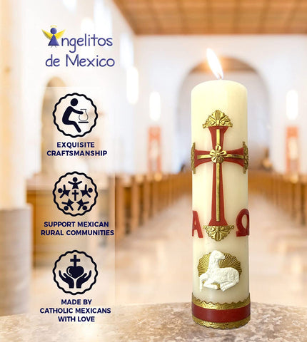 Angelitos de Mexico Paschal Red Candle featuring Alpha Omega, perfect for baptisms.