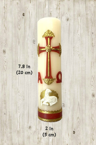 Angelitos de Mexico Sheep motif candle, enhances sacred celebrations with reverent ambiance.