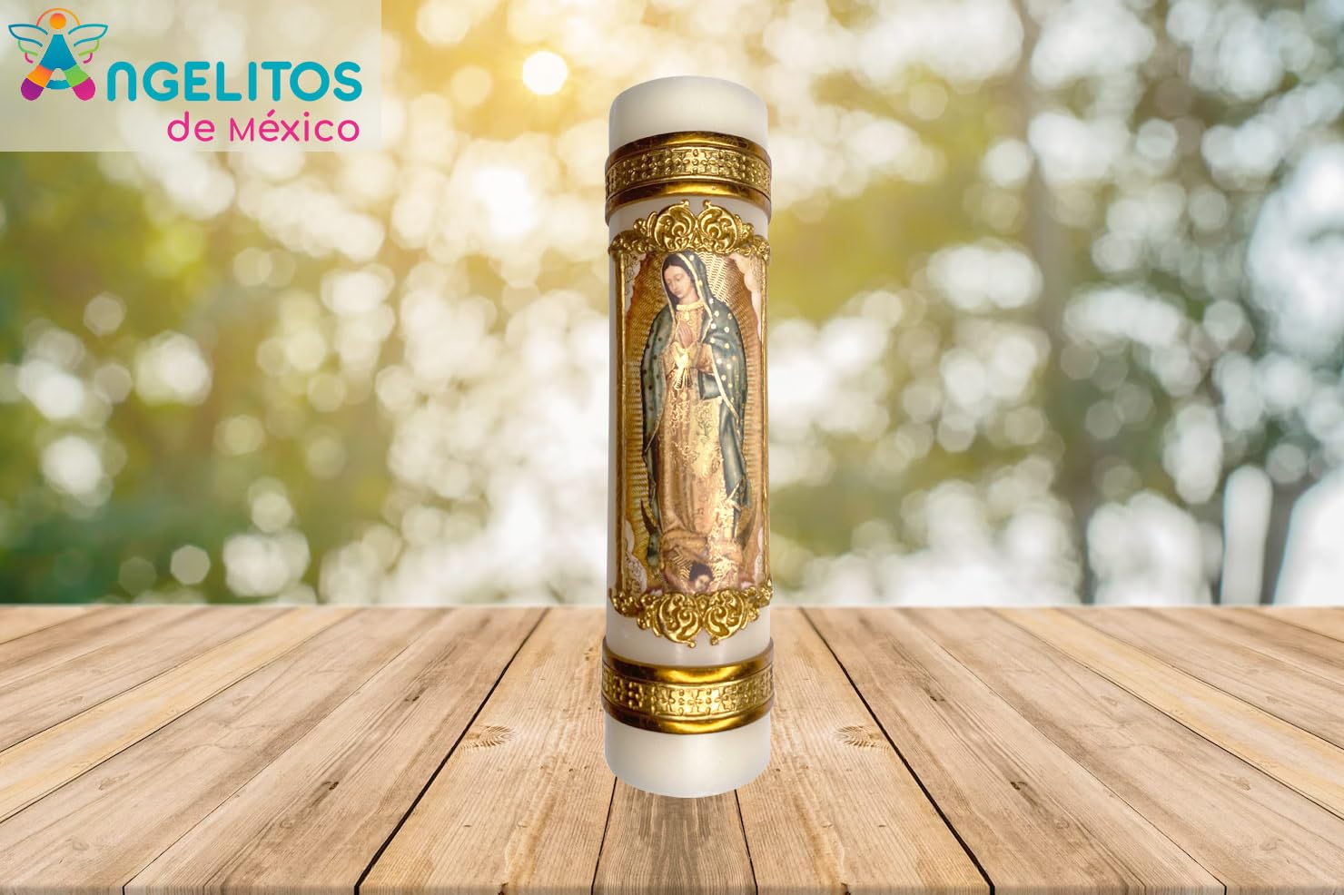 Virgin Guadalupe artwork on Angelitos de Mexico candle aids spiritual focus