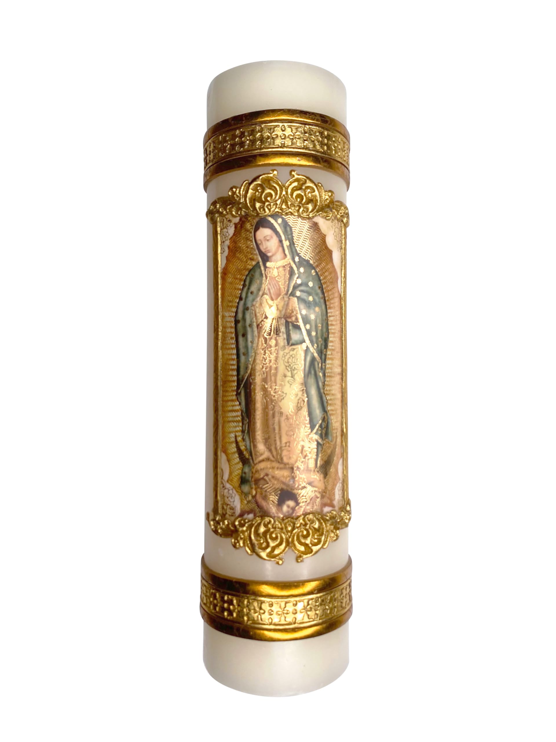 Angelitos de Mexico Virgen de Guadalupe candle with detailed Guadalupe image for prayer and meditation