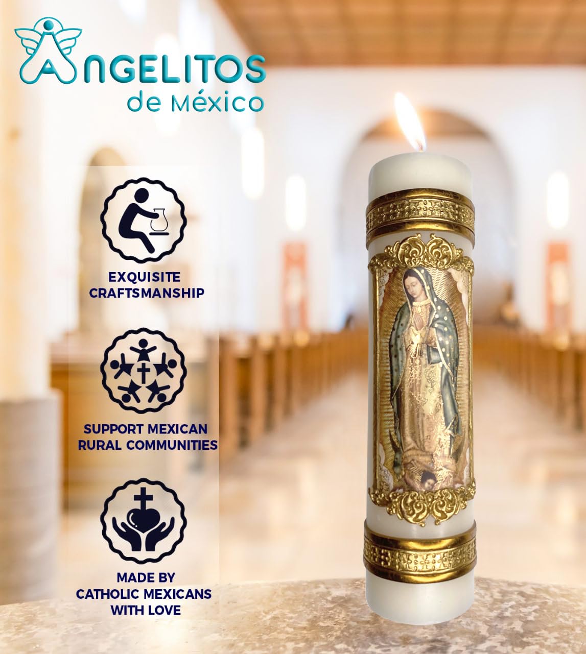 Angelitos de Mexico Virgen de Guadalupe candle displayed on an altar for devotion