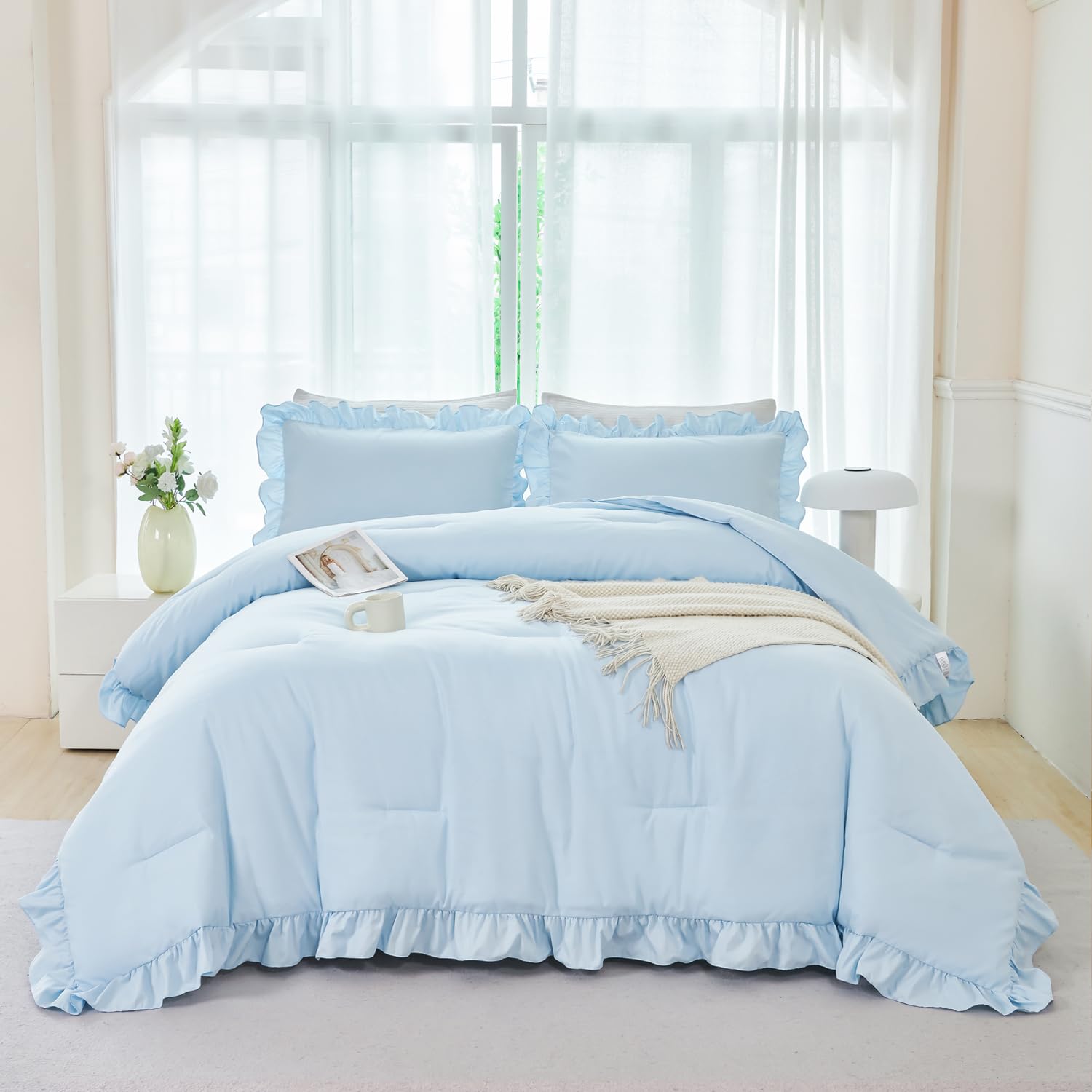 ANGIYUIN light blue ruffle comforter twin set: soft and breathable for bedtime