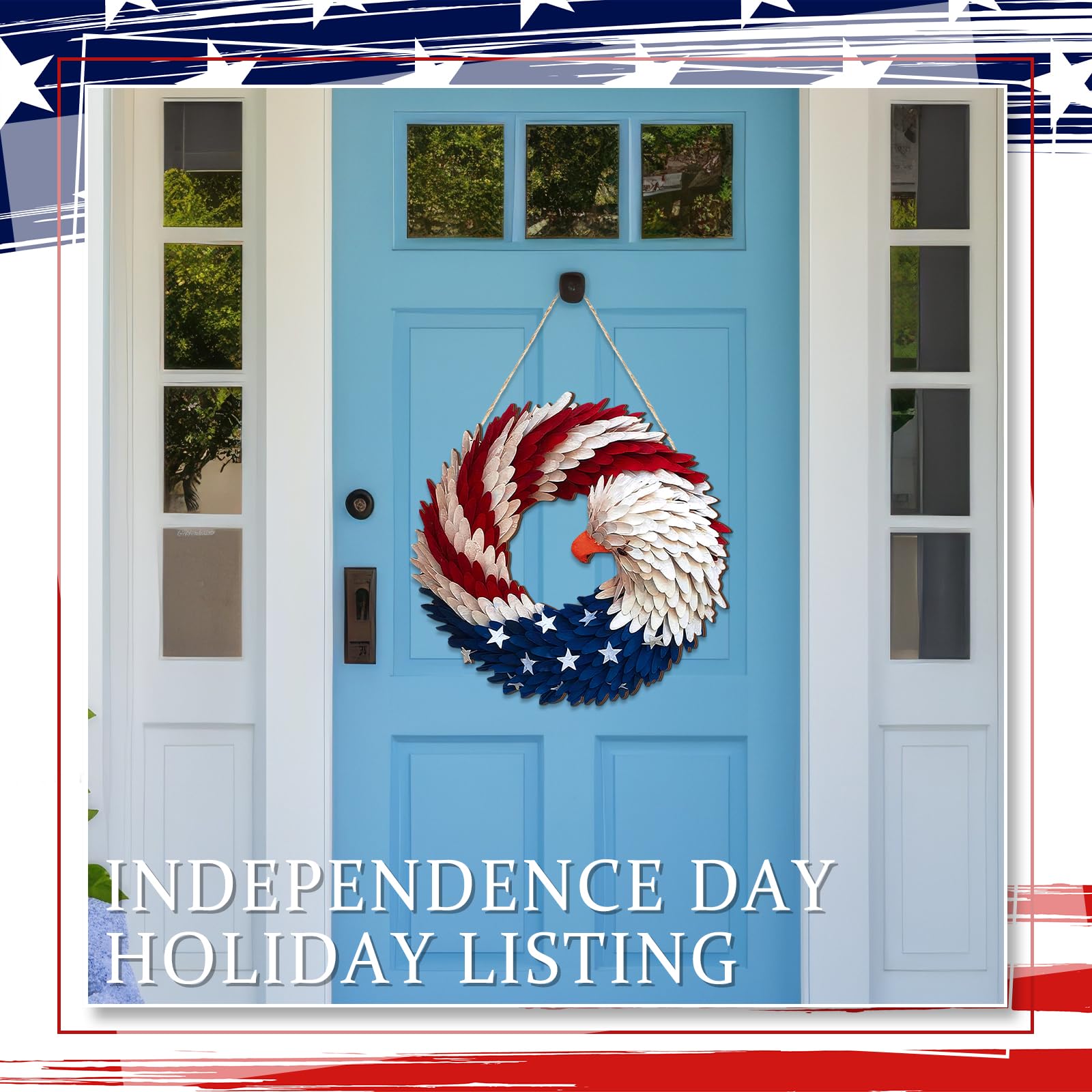 Anglechic front porch patriotic door hanger adds instant charm.