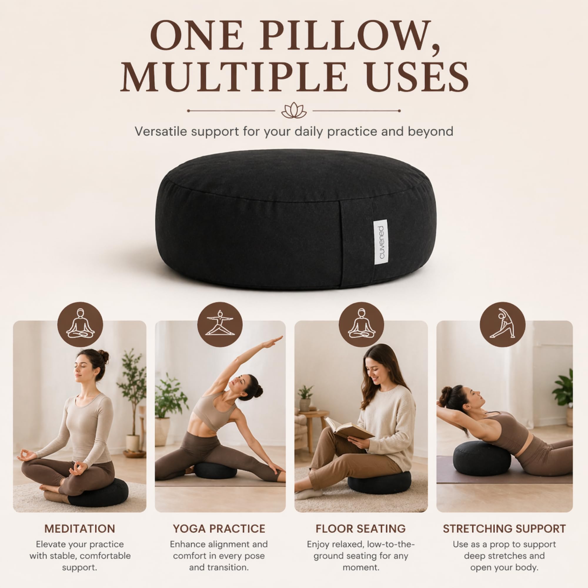 Angora Brands floor cushion ideal for yoga and meditation on the floor.
