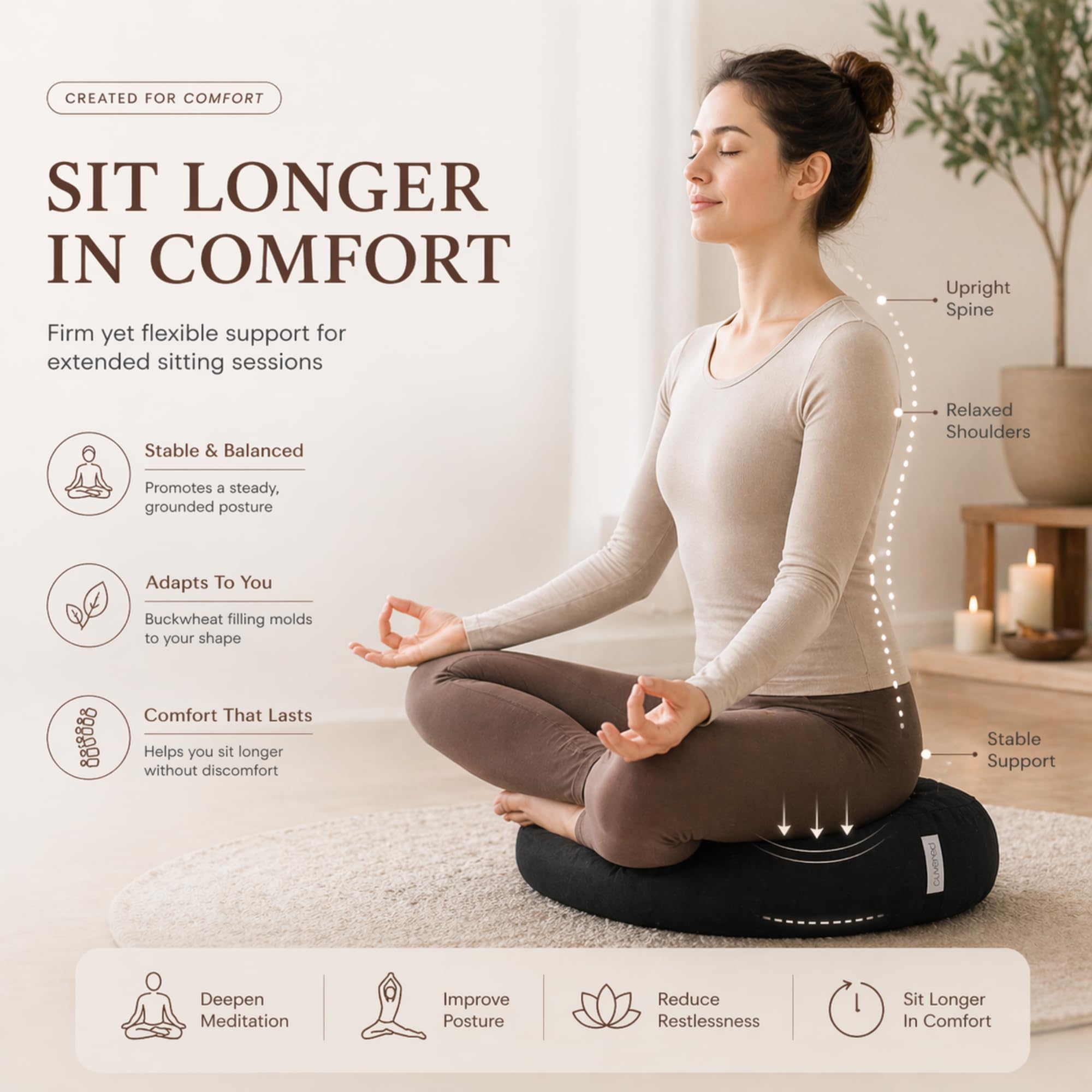 Angora Brands round cushion with carry handle for portable meditation.