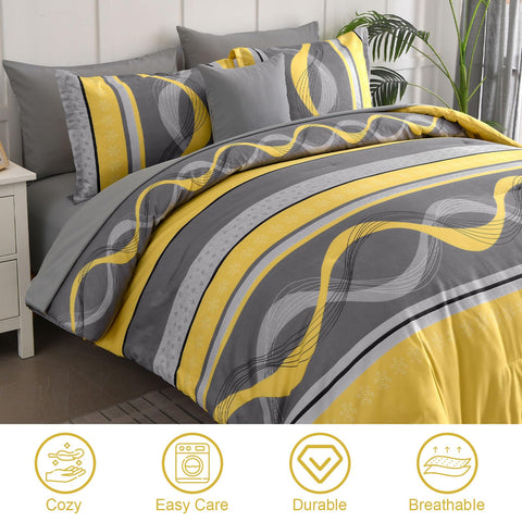 Anibedding bold yellow accent brightens the bedroom while remaining durable