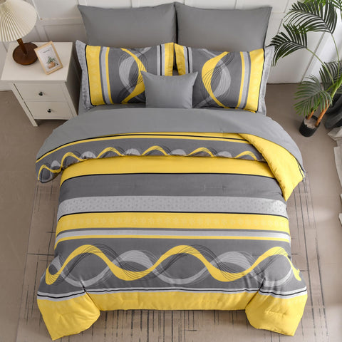 Anibedding patchwork-striped design adds contemporary warmth.