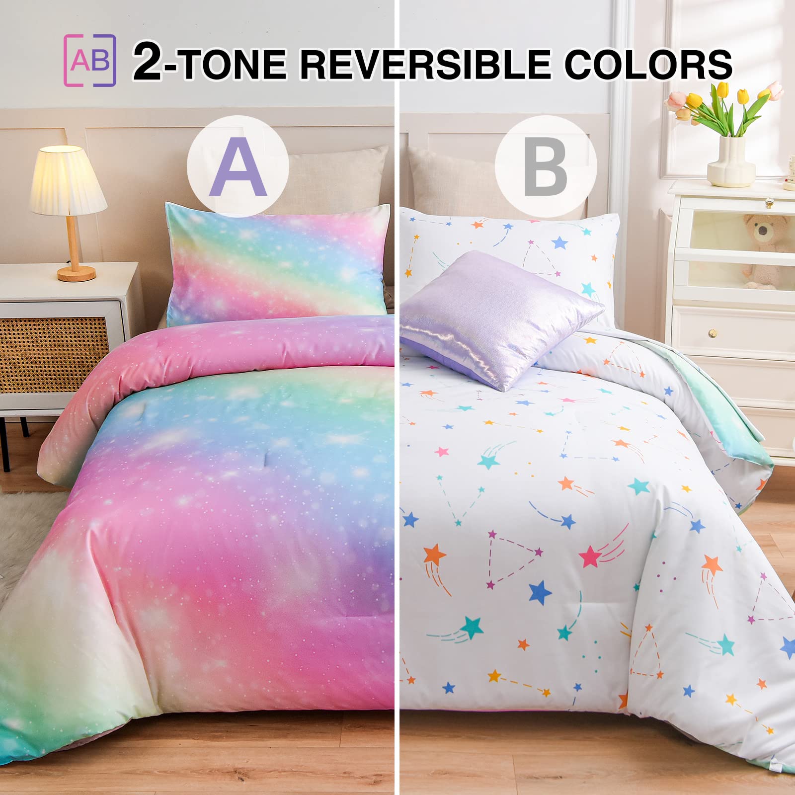 A Nice Night rainbow galaxy comforter displays vibrant colors and playful space vibes for kids.