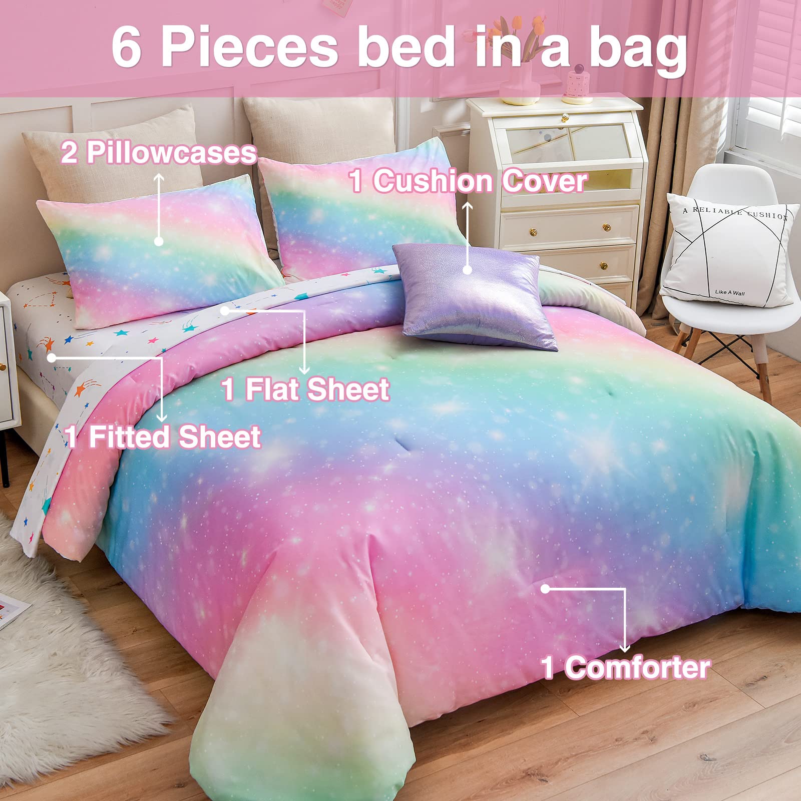 A Nice Night 6-piece bed-in-a-bag set helps complete a coordinated kids' bedroom.