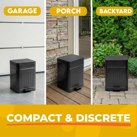 AnimoGoods compact 1.3-gallon dog waste bin in outdoor space