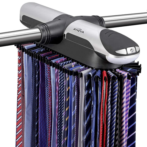 Aniva motorized tie rack mounted on a closet rod displaying 72 ties and 8 belts for easy selection