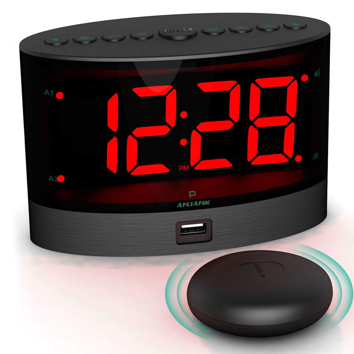 ANJANK extra loud alarm clock with wireless bed shaker for easy wake-up across the room