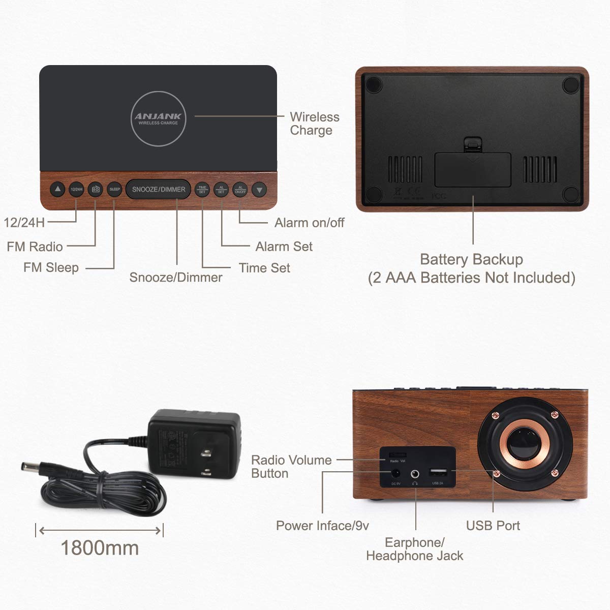 ANJANK bedside setup on a nightstand pairing warm wood with modern tech.