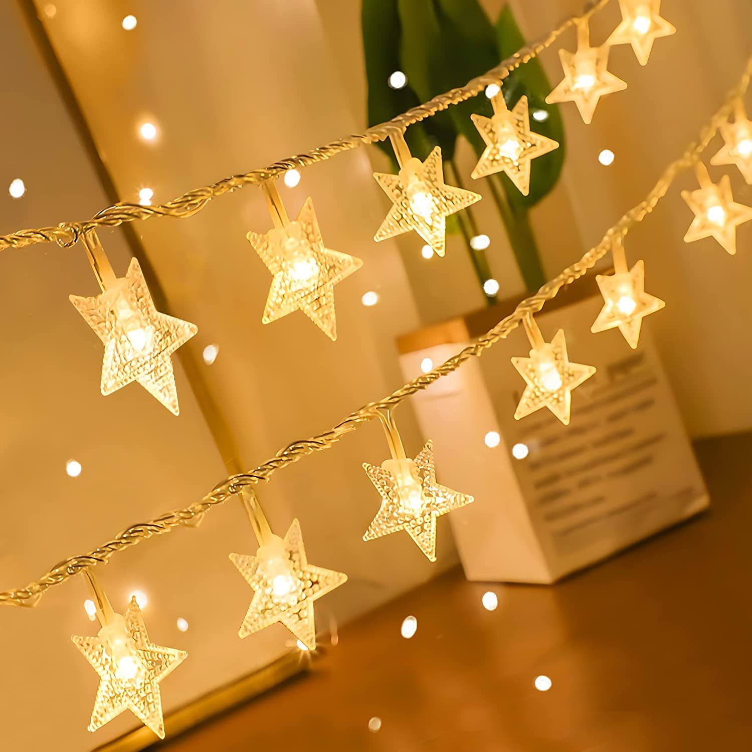 ANJAYLIA star lights 10 ft string with 20 LEDs, ideal for cozy bedroom ambiance.