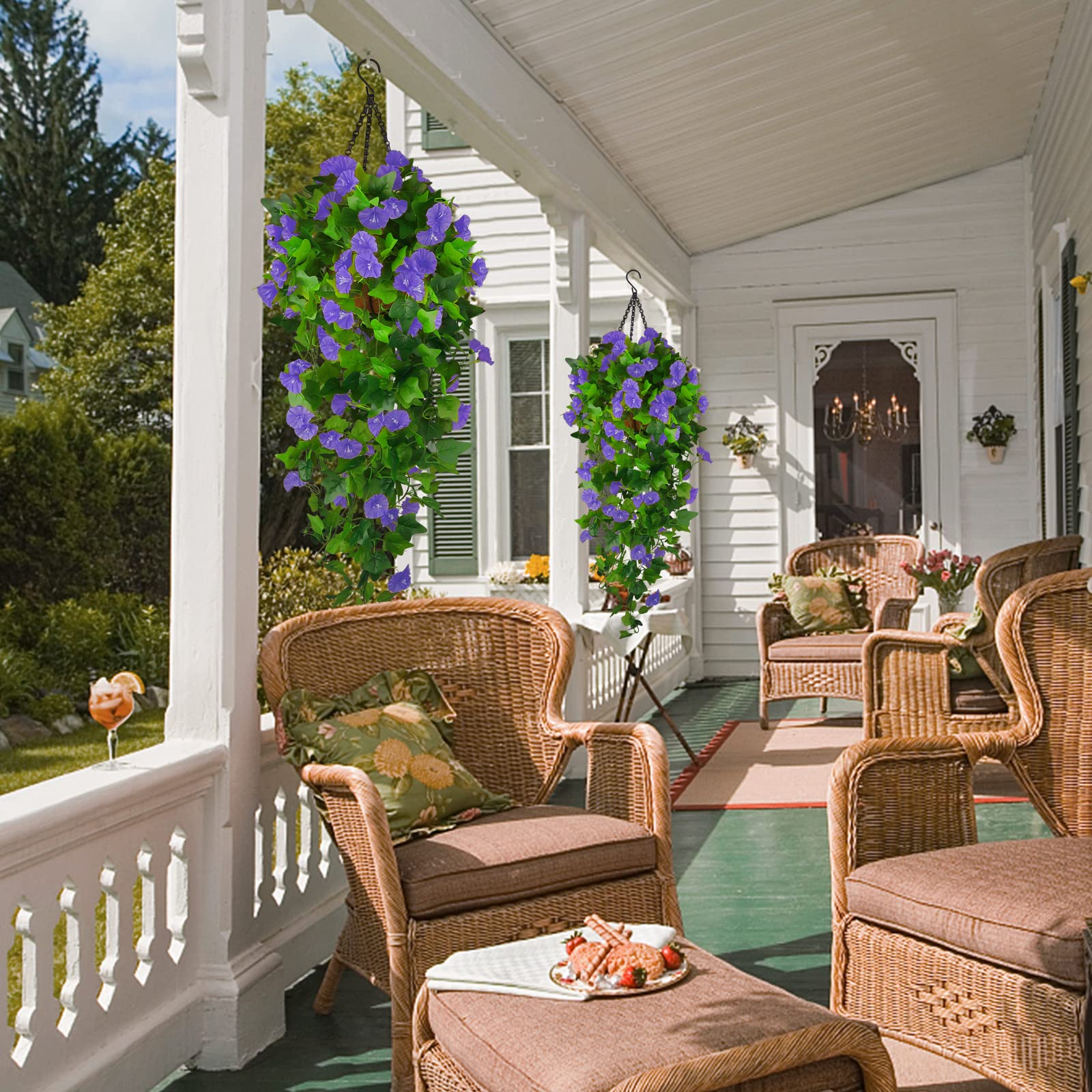 Ankey artificial wisteria blooms in a hanging display for patios