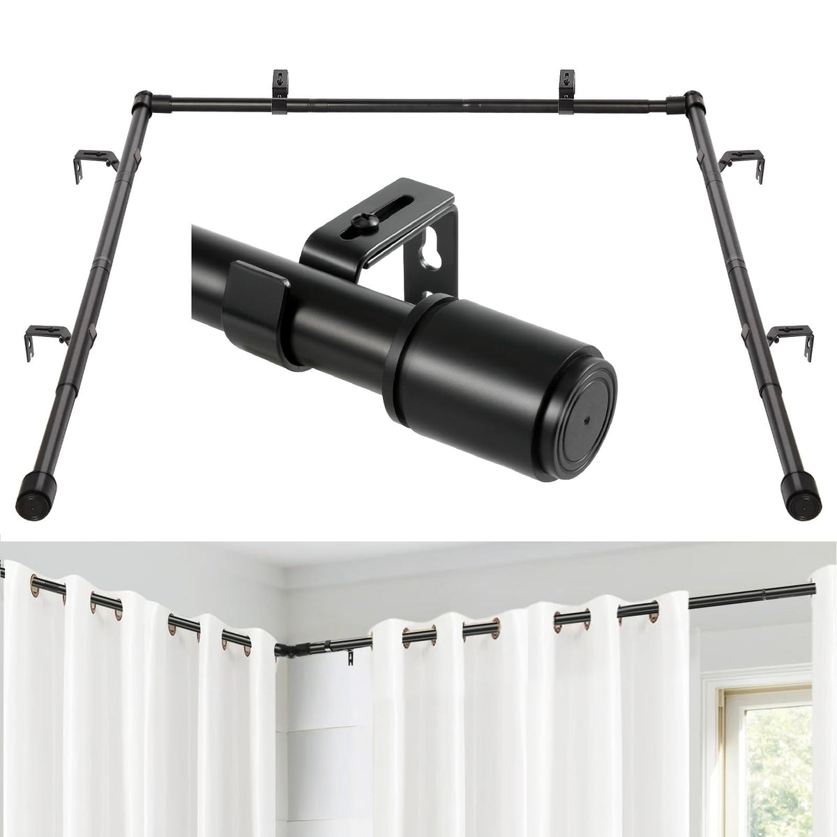 Anndason bay window rod set with adjustable center rail for flexible fit.