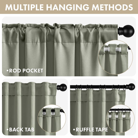 ANRODUO sage green back tab curtains showing flexible hanging style and hardware.