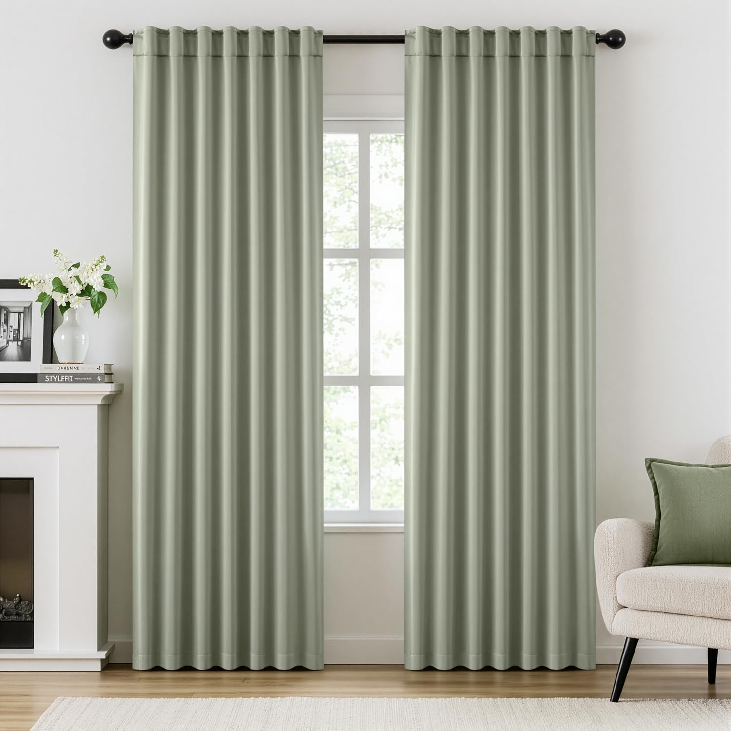 ANRODUO sage green rod-pocket curtains with 3-in-1 design for versatile mounting and soft drape.