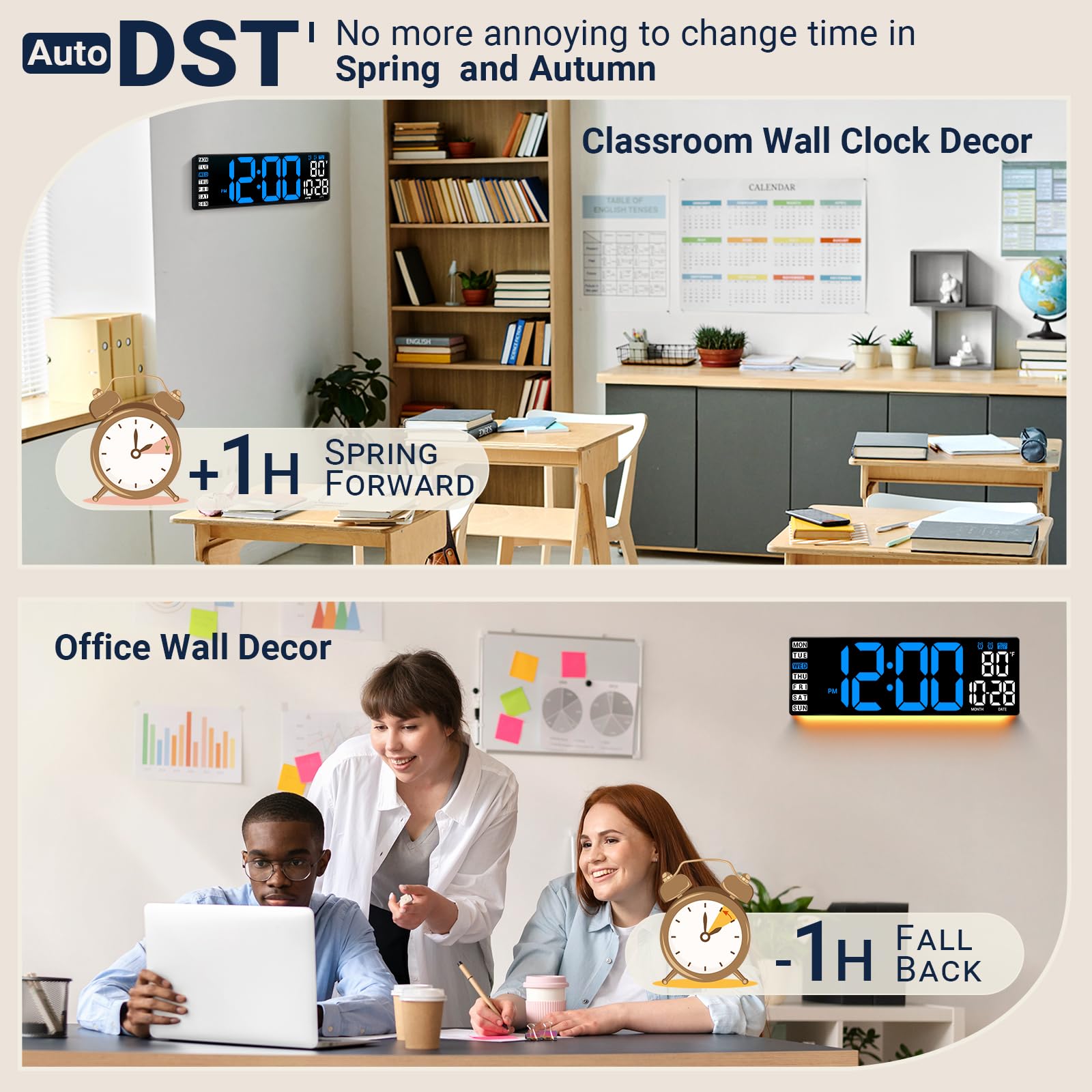ANSOPER wall-mount clock saves space while keeping time and date visible.