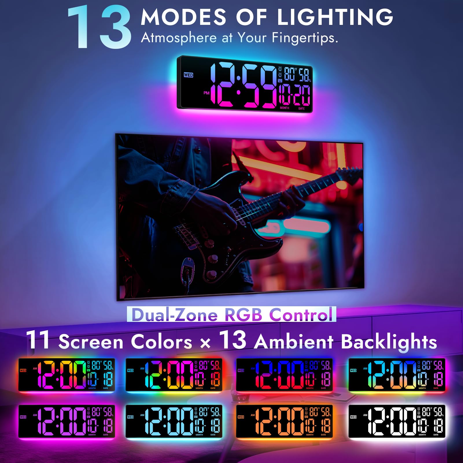 ANSOPER clock showing seven RGB colors for ambient lighting.