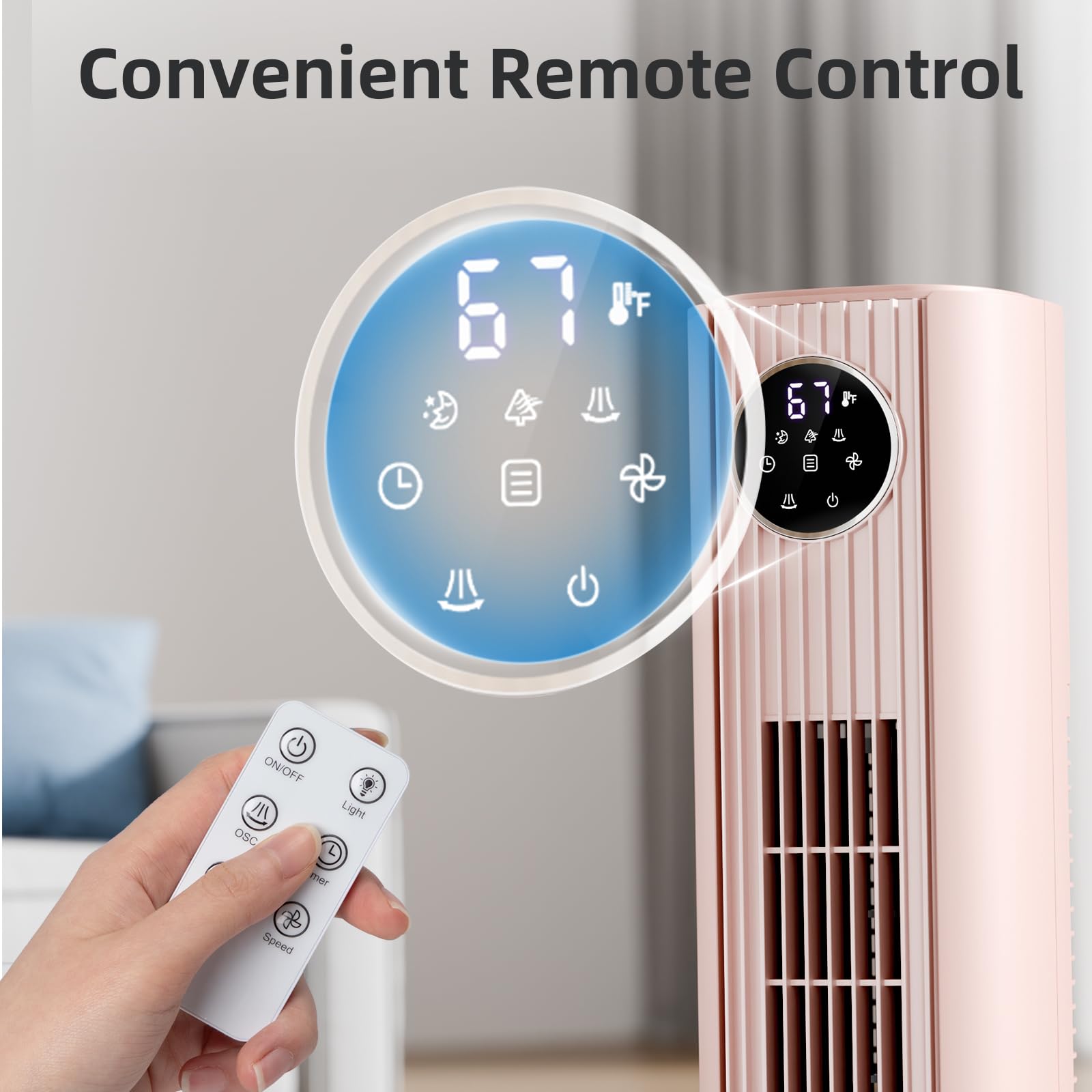 Antarctic Star tower fan remote control for convenient adjustment from across the room.