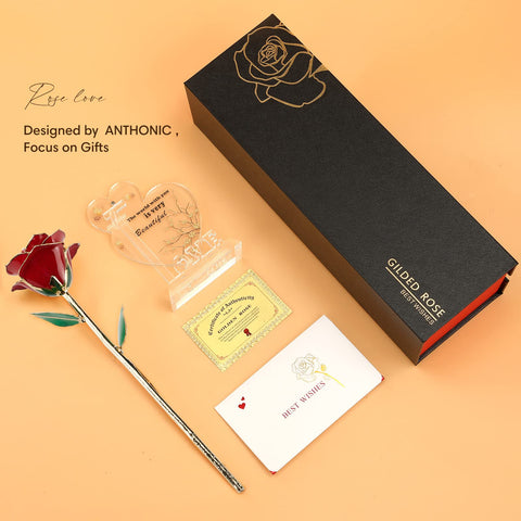 Anthonic red gold rose detail highlighting timeless symbolism.
