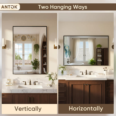 Antok 30x36 bathroom mirror delivers balanced coverage for vanity areas.