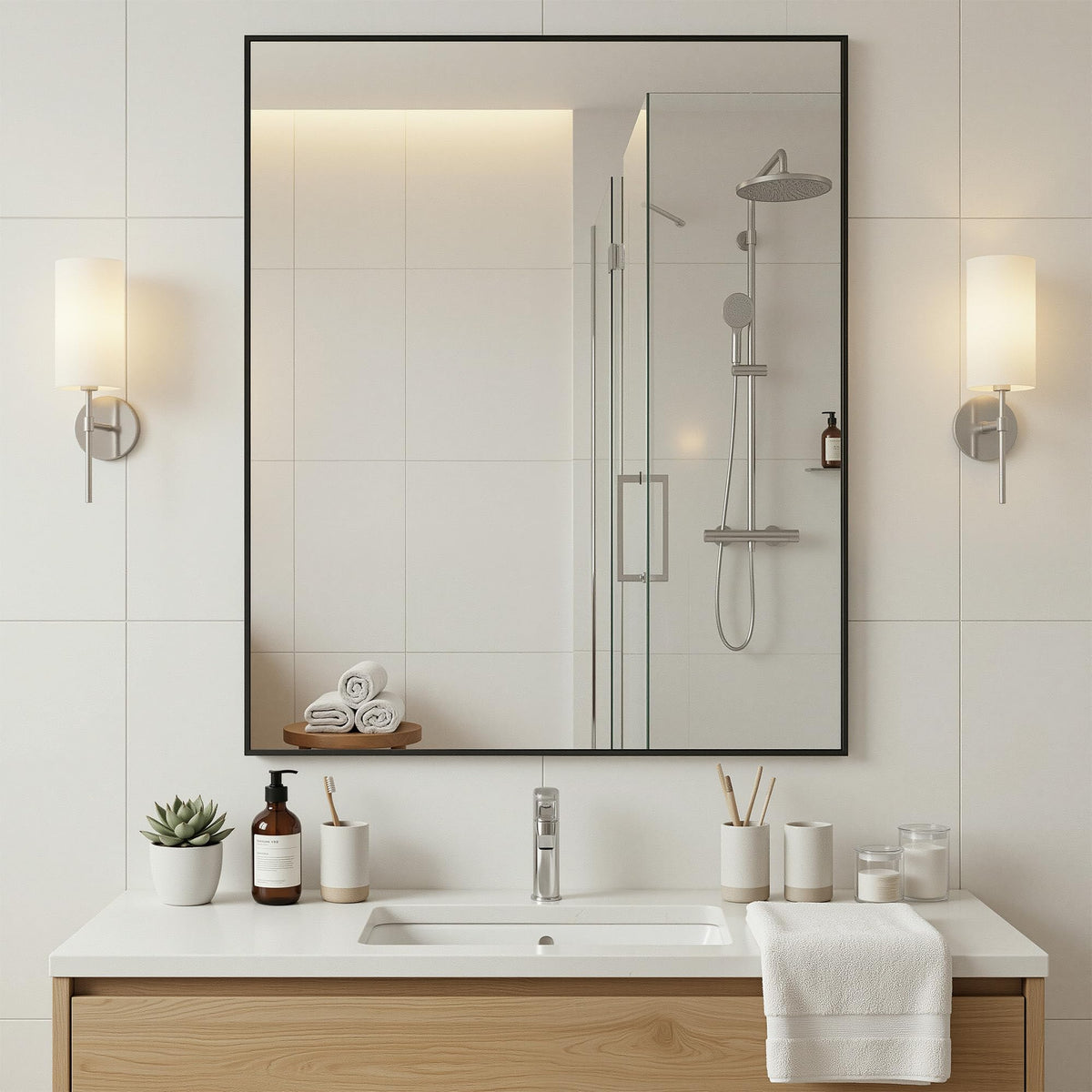 Antok bathroom mirror close-up shows matte black anti-rust frame for humid spaces.