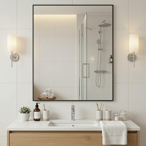 Antok bathroom mirror close-up shows matte black anti-rust frame for humid spaces.