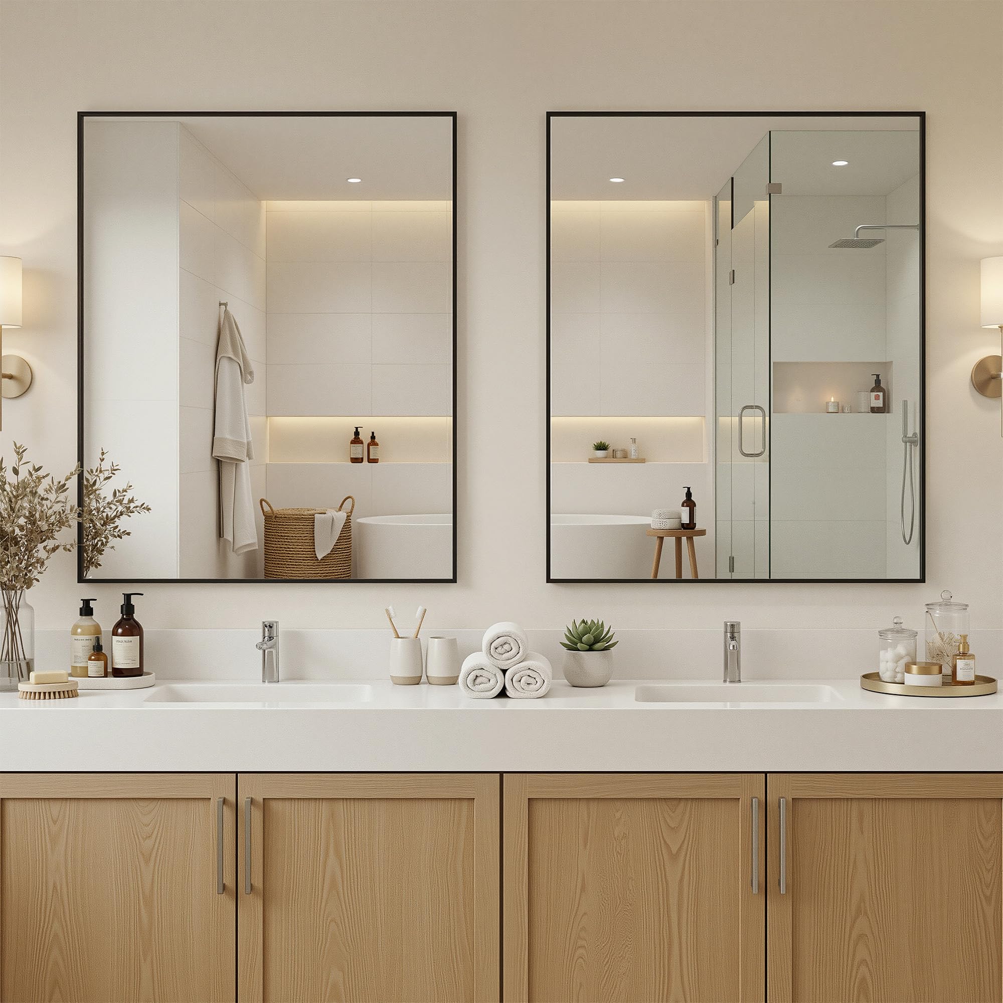 Antok-30x36 mirror over sink demonstrates horizontal mounting for versatile bathroom layouts.