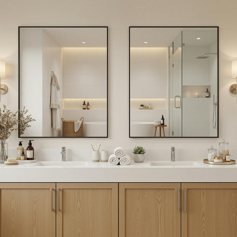 Antok-30x36 mirror over sink demonstrates horizontal mounting for versatile bathroom layouts.
