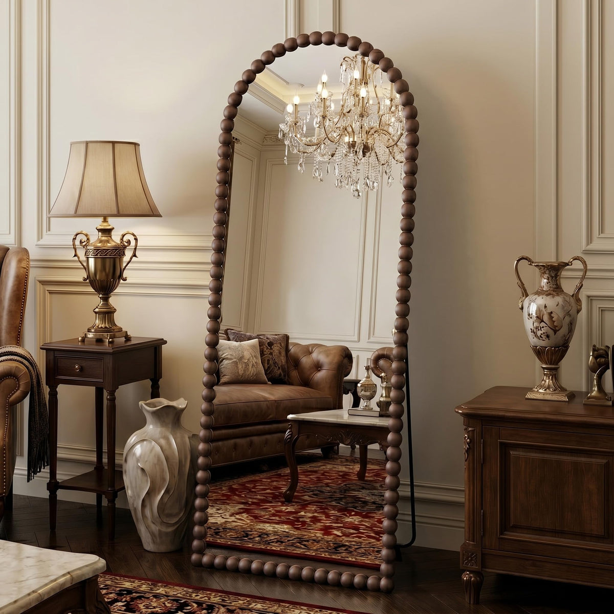 Antok 57x21 arched mirror with beaded frame for elegant room decor.