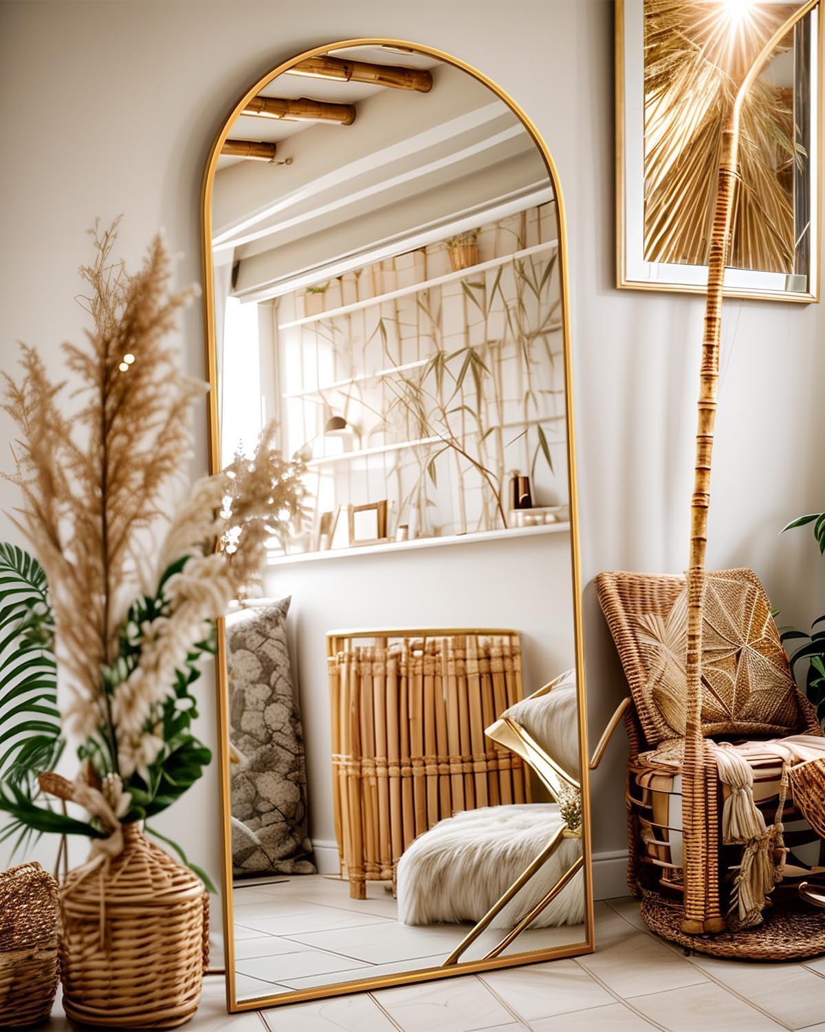 Antok arch full-length mirror with gold frame offers full-body reflection for outfits.
