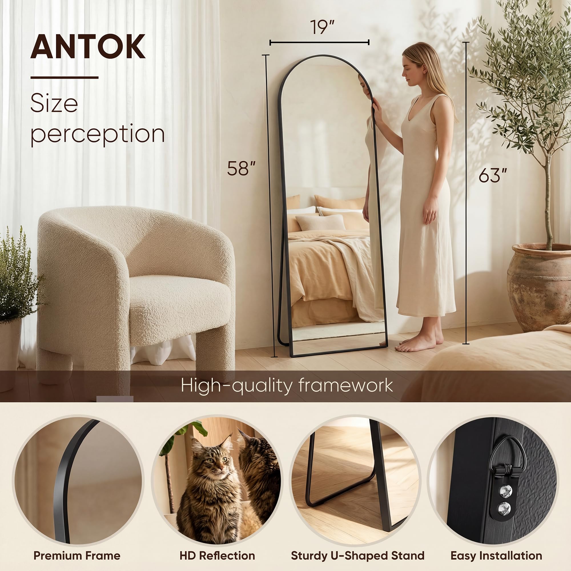 Antok free-standing mirror with included stand for flexible placement.