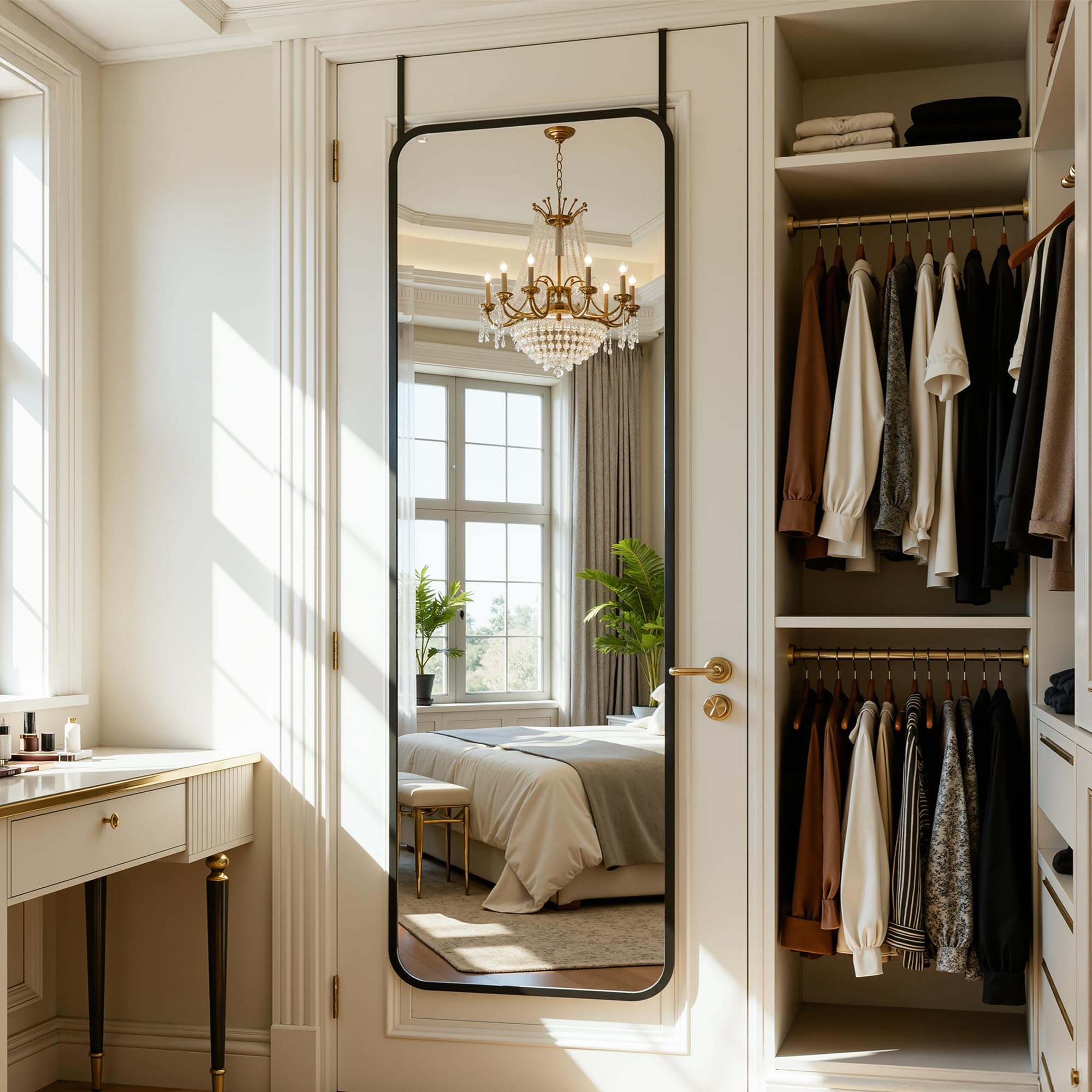 Antok freestanding mirror with stand offers portable, drill-free placement.
