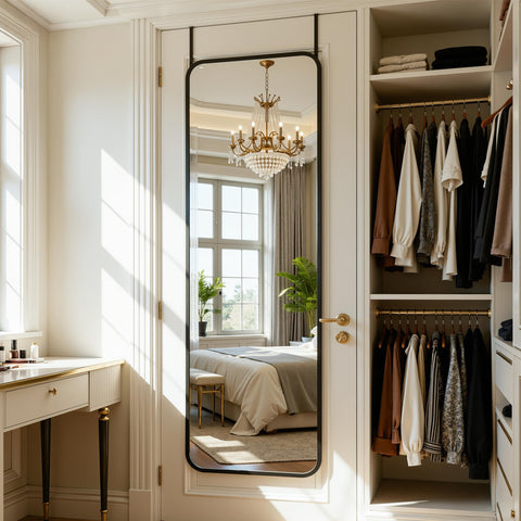 Antok freestanding mirror with stand offers portable, drill-free placement.