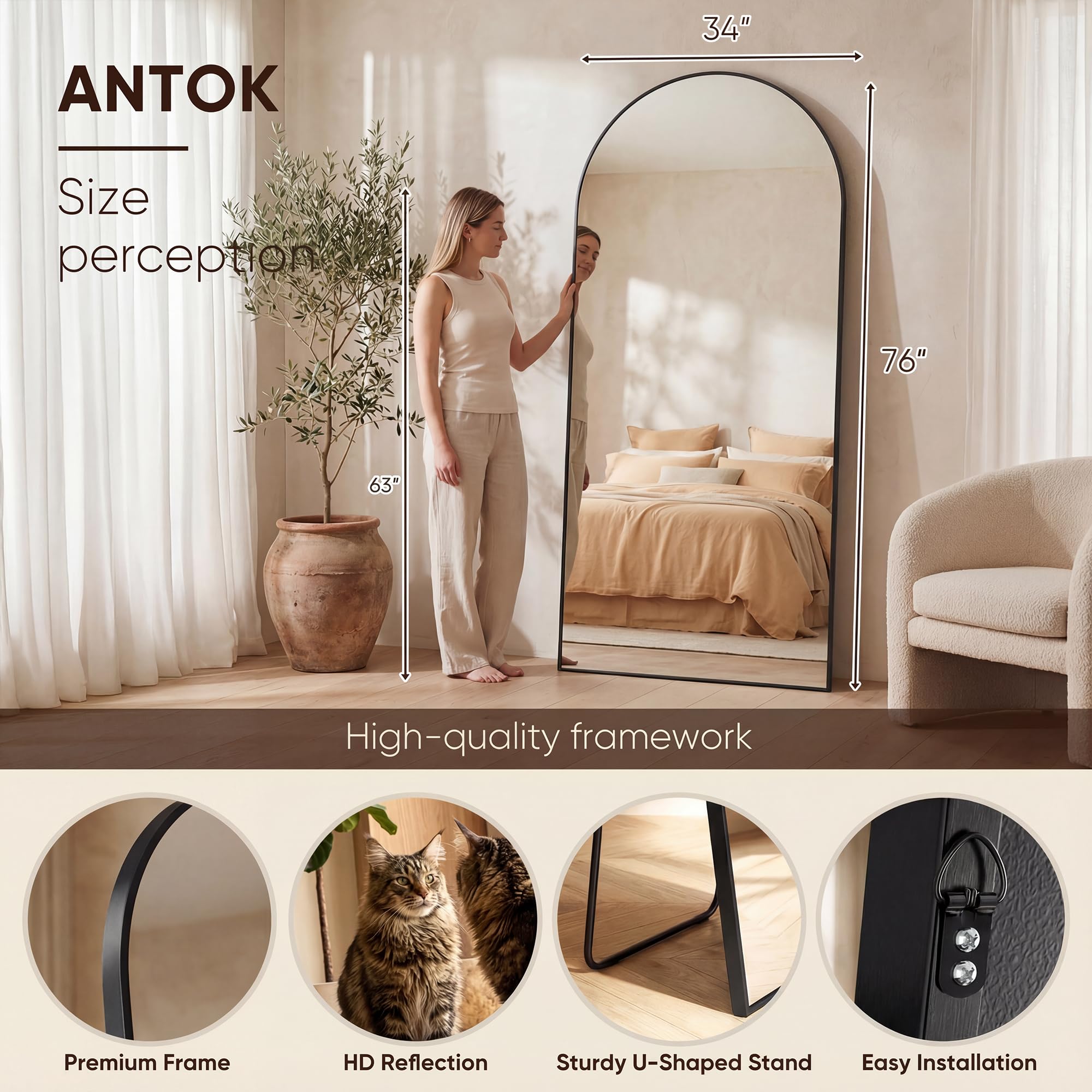 Antok arch mirror tilt option for adjustable viewing angle.
