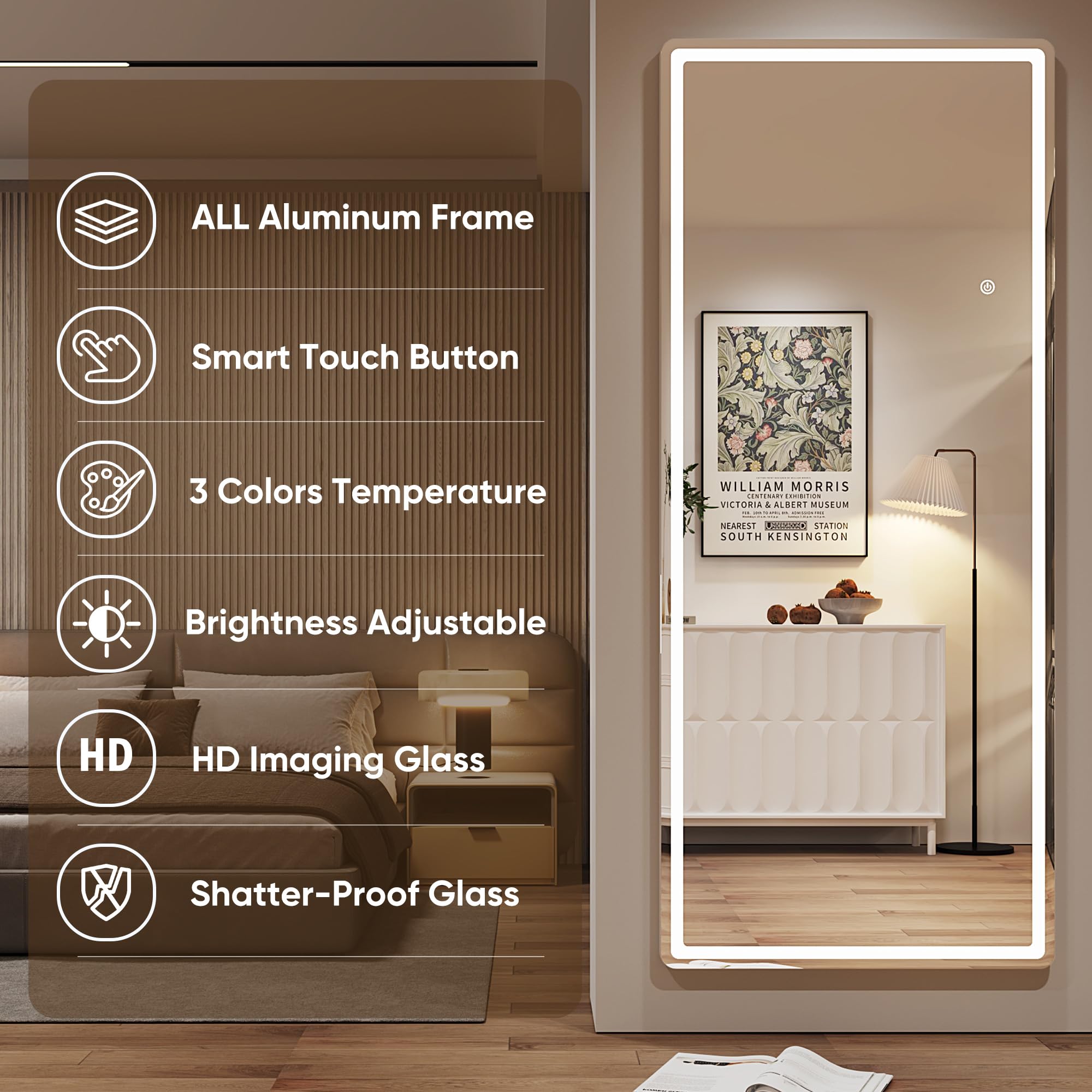 Antok mirror with dimmable lighting for makeup application