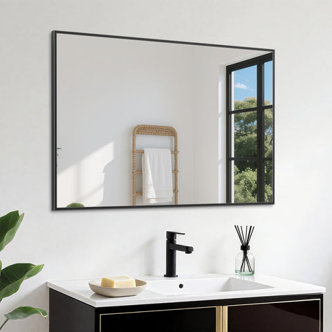 Antok matte black frame bathroom mirror emphasizes minimalist style with durable anti-rust framing.