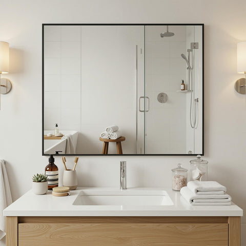 Antok rectangular bathroom mirror with matte black finish complements contemporary spaces.