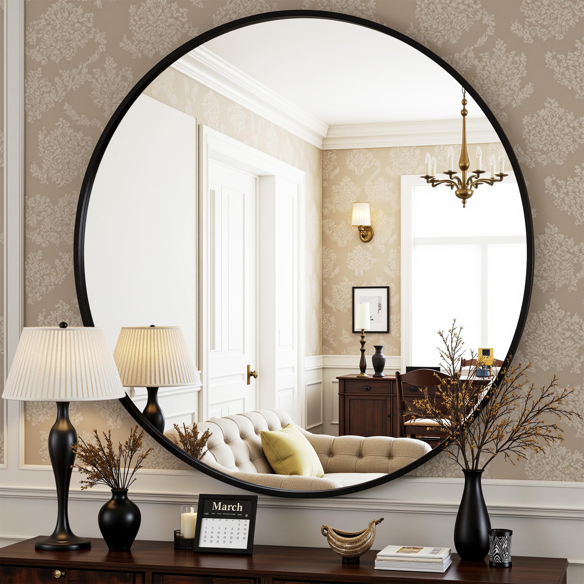 Antok round mirror wall with black frame adds style and practical reflection to bathrooms