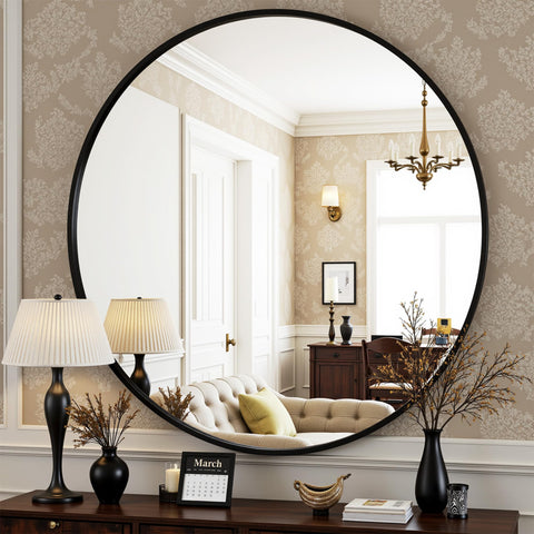 Antok round mirror wall with black frame adds style and practical reflection to bathrooms