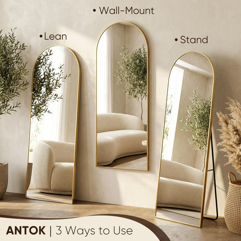 Antok wall-mounted mirror saves floor space while brightening rooms.