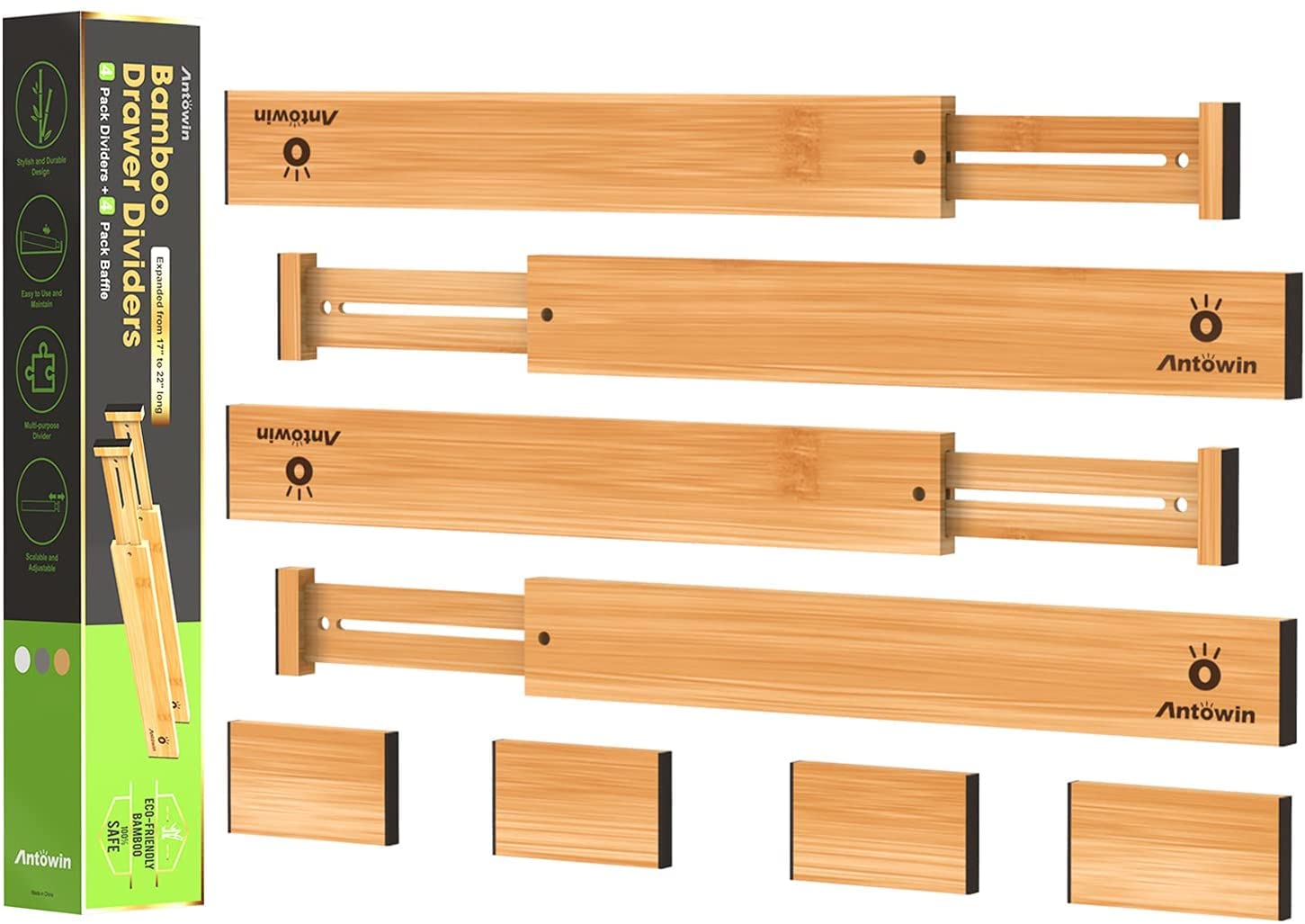 ANTOWIN bamboo drawer divider extended to fit a longer drawer for versatile storage