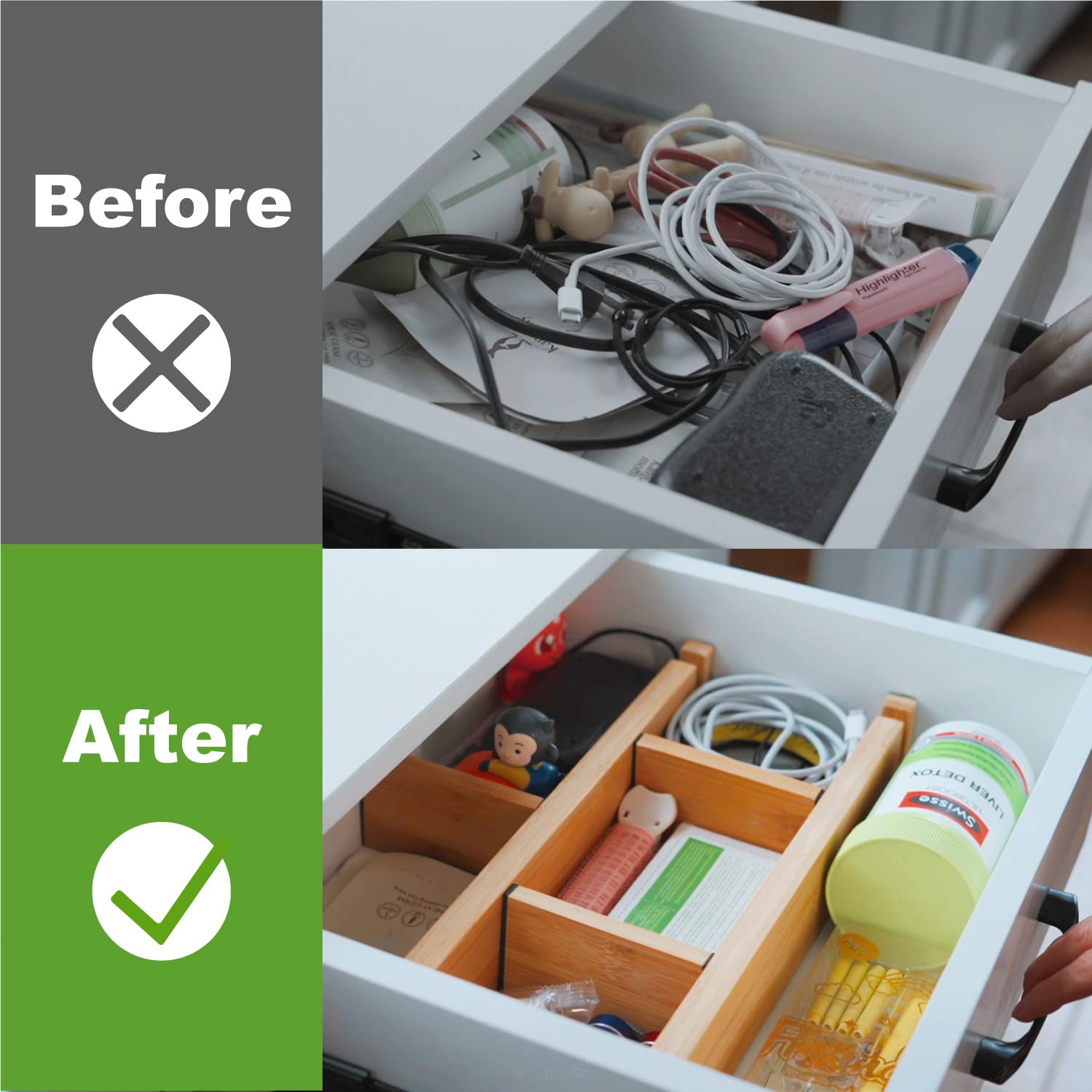 ANTOWIN bamboo drawer divider showing expandable length from 17 to 22 inches